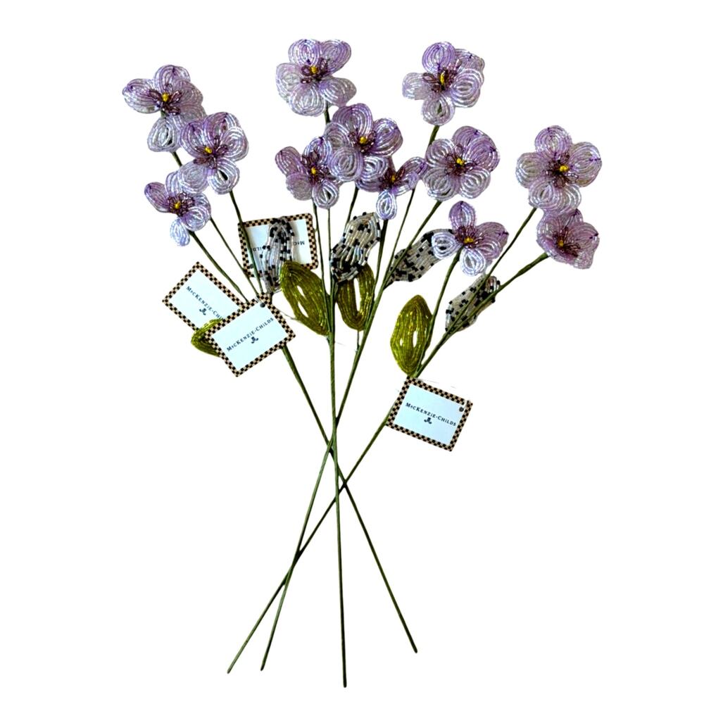 NEW Mackenzie Childs Purple Pansy Beaded Flower Stems 4pc 4x20
